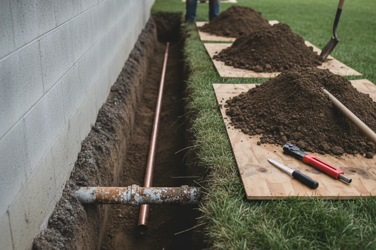 Excavated water line trench during Sewer Line Repair in Grafton